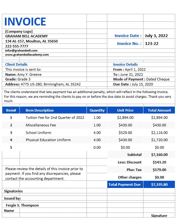Free Sample School Invoice Template PSD template